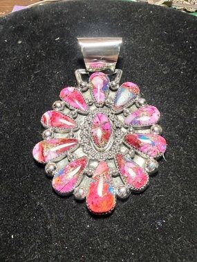 Native made pink dahlia pendant stamped Farrin Begay